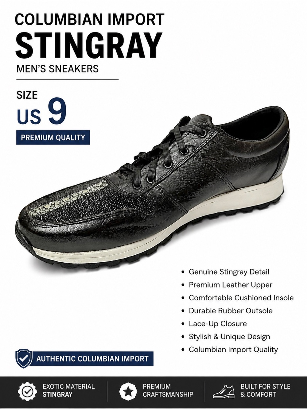 Columbian Import Stingray & Black Leather Dress Shoes Men’s US 9 Mex 27